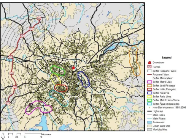 Figure 7  –  Relevant Transport Investments (buffers), New residential Developments (1985-2006)  and Rodoanel West Section (track, ramps and buffers) 10