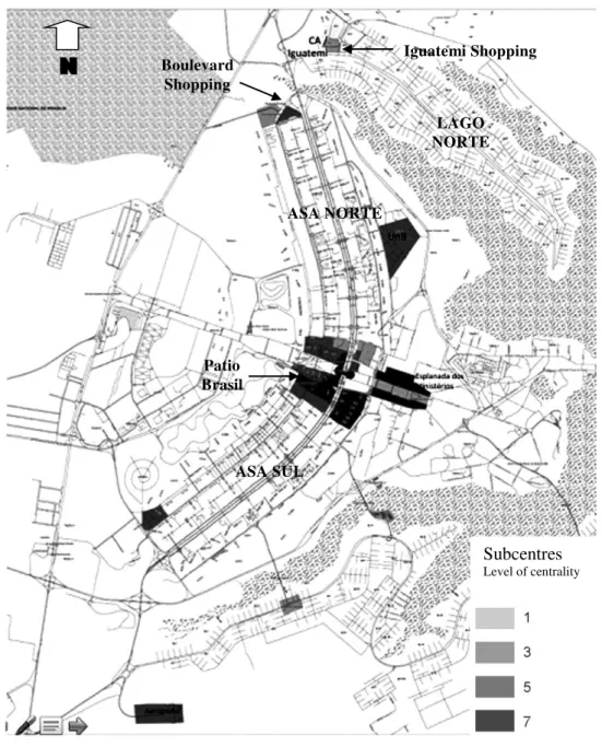 Figure 2 - Identification and degree of importance of the  sub-centre s of Brasília’s Pilot Plan