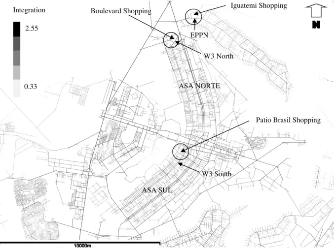 Figure 10 - Axial Map R7 of the Federal District (The Pilot Plan and Lago Norte are  highlighted)