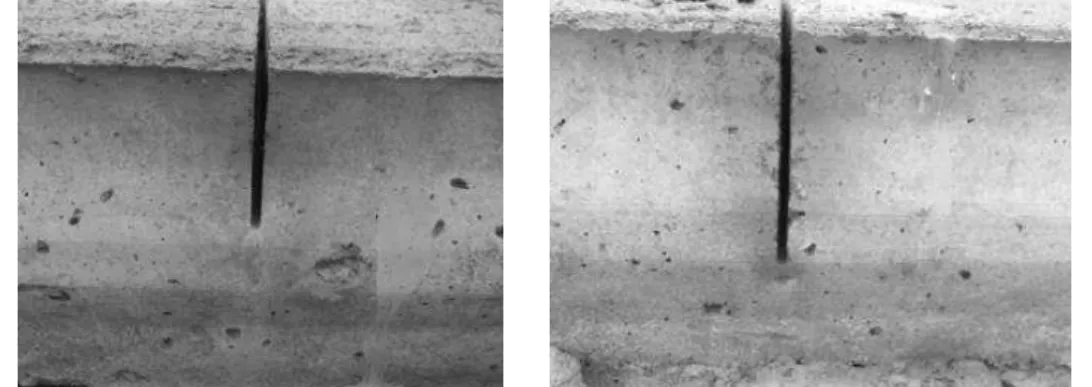 Figure 2 – Saw-cuts made with thin blade (2 mm).  Joint with RJD 50% (left) and joint with RJD 65% (right)