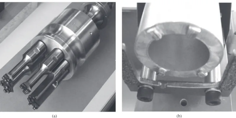 Figure 13. Multiple riveting sonotrode: (a) multiple active lobes sonotrode, (b) welding head with multiple sonotrodes.