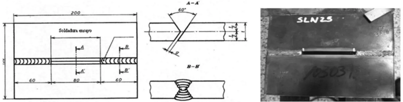 Figura 1. Esquema de la probeta utilizada y vista de la misma (dimensiones em mm).