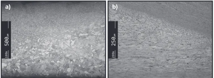 Figure 5 - Transition between the TMAZ and HAZ at the retreating side of a brass weld (a) and at the advancing side of a zinc weld (b).