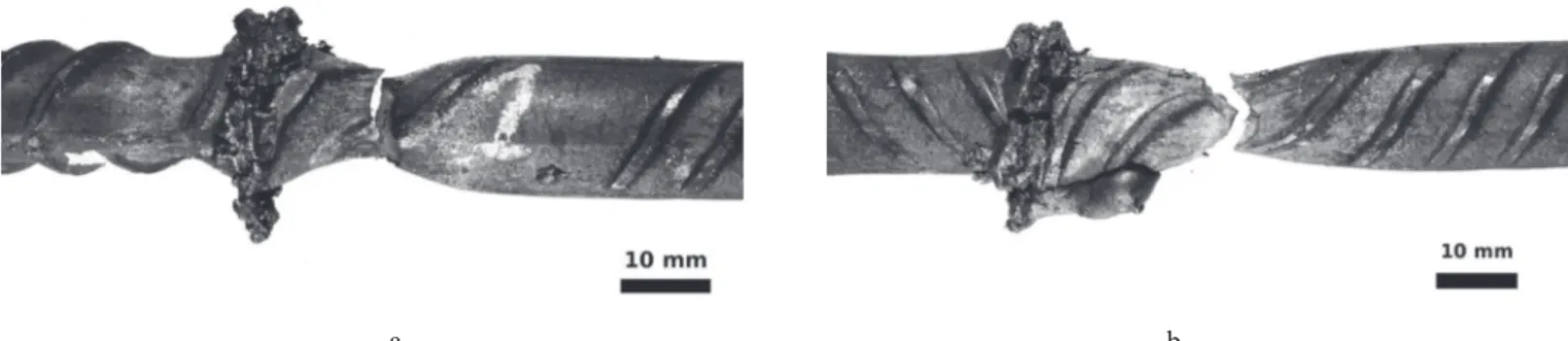 Figure 9. Welded specimens of hot-rolled (a) and heat-hardened (b) concrete reinforcement after tensile tests
