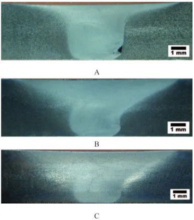 Figura 5. Macrografías de las probetas soldadas: A. Probeta  514-206, B. Probeta 514-73, C