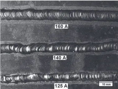 Figura 2. Fotografía de una de las probetas experimentales con  tres cordones depositados a 125, 140 y 160 A