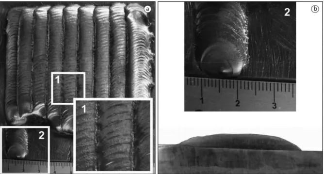 Figure 10. STENOX coating: (a) view of the coating from above with details of the surface; (b) area where the cross  section was taken and macrograph of the cross section.