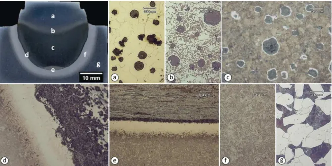 Figure 18. Dissimilar weld joint made from ductile cast iron and SAE 8620. Microstructure of the cast iron rod (a),  HAZ of rod (b), TMAZ of rod (c), interface (c and d), HAZ of BM (f) and SAE 8620 BM (g).