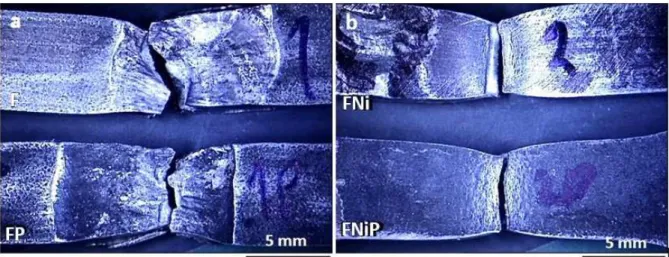 Figure 9.  Macrographs of the fracture surface of samples (a) F, FP and (b) FNi, FNiP.