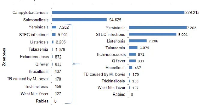 Figure 4 - Reported numbers of confirmed human zoonoses cases in the EU, 2015. (Adapted  from EFSA, 2016) 