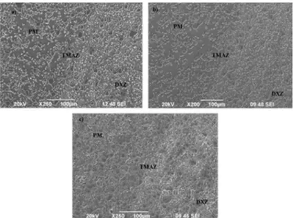 Figure 6.  SEM micrographs showing the different zones (parent metal “PM”, thermo-mechanically affected  zone “TMAZ”, and directionally recrystallized zone “DXZ”) of friction stir welded joints on the Al/SiC composite