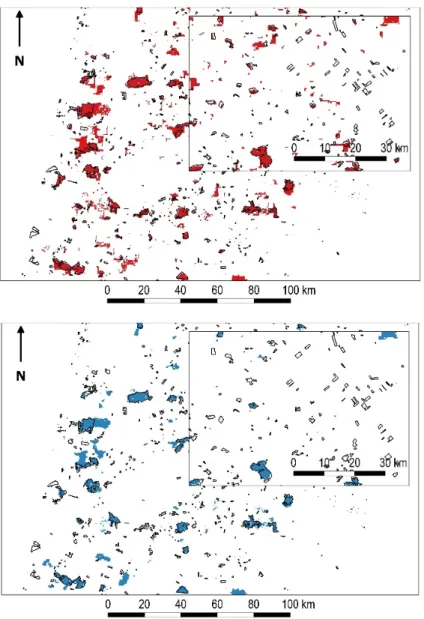 Figure 7. Burned area maps for Área Queimada—Project for On-Board Autonomy-Vegetation burned  area product (AQM-PROBA) (red) and Moderate Resolution Imaging Spectroradiometer direct  broadcast (DB) burned area product (MCD64A1) (blue) for 219/071 scene