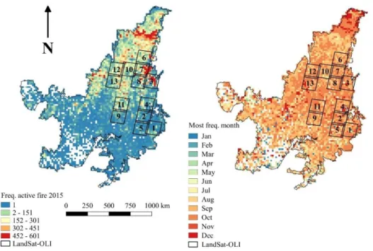 Figure 2. The frequency of Visible Infrared Imaging Radiometer Suite (VIIRS) active fires (left panel)  and monthly active fires frequency (right panel) during 2015 Landsat 8 Operational Land Imager  (LandSat-OLI) scene frames are also shown (black squares