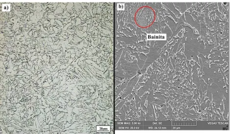 Figura 5.  Micrografias do metal base: (a) microscópio óptico, 500x. Ataque Nital 2%; (b) microscópio eletrônico  de varredura, 3000x