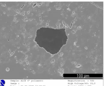 Fig. 7. Imagem SEM da amostra MO2 após polimento com  spray de diamante de 1µµ µm (ampliação de 500x) µ