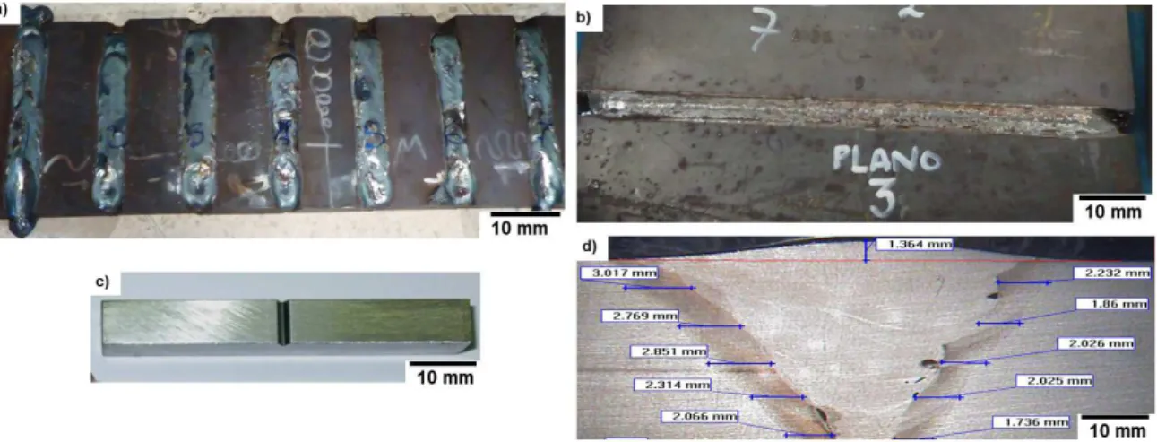 Figure 1. (a) Butt welded joints for impact testing; (b) GMAW robotic joints for tension testing; (c) Charpy specimen; 