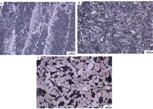 Figure 4.  Micrographies obtained through optic microscopy from the butt welded joints under condition A with  circular weaving: (a) fine Widmasttaten ferrite in weld; (b) fine acicular ferrite needles in HAZ; and (c) pearlite in  base metal.
