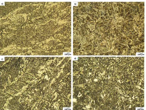 Figure 5. Micrographies obtained through optic microscopy from the butt welded joints under condition A with  linear weaving: (a) medium columnar ferrite in weld; (b) medium needles of acicular ferrite in HAZ, sinusoidal  weave: (c) medium acicular ferrite