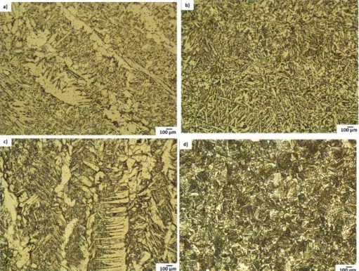 Figure 7. Micrographies obtained through optic microscopy from the butt welded joints under condition B with  linear weave: (a) medium column-like grains in weld, (b) acicular ferrite needles in HAZ, triangular weaving: (c)  Widmastatten ferrite in weld, a