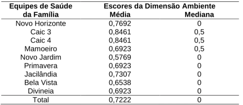 Tabela 5 – Média e mediana na avaliação da dimensão ambiente pelas ESF em Unaí – MG, 2011 