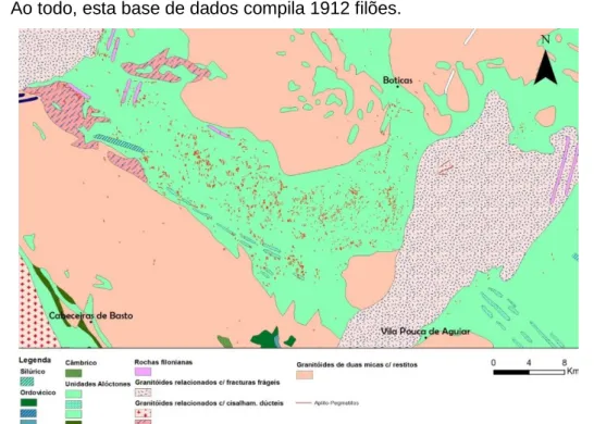 Figura 17 – Distribuição dos filões de aplito-pegmatito do Barroso- Alvão. Geologia de base à escala 1:500 000