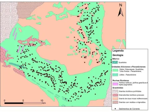 Figura 18 – Distribuição espacial dos locais de amostragem dos sedimentos de corrente, entre o Barroso e  o Alvão, sobre o mapa geológico 1:500 000