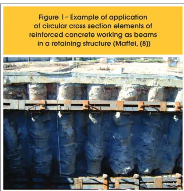 Figure 2 – Example of application of reinforced concrete circular cross section elements working  as beams in a shallow tunnel (Maffei, [9]): (a) details of the reinforcement; (b) concluded beams