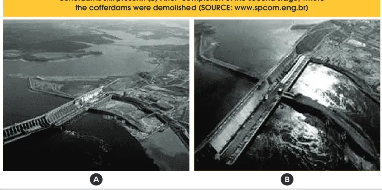 Figure 7 – Aerial views of the UHE Tucuruí dam. (a) Construction of the second stage, with   cofferdams still present