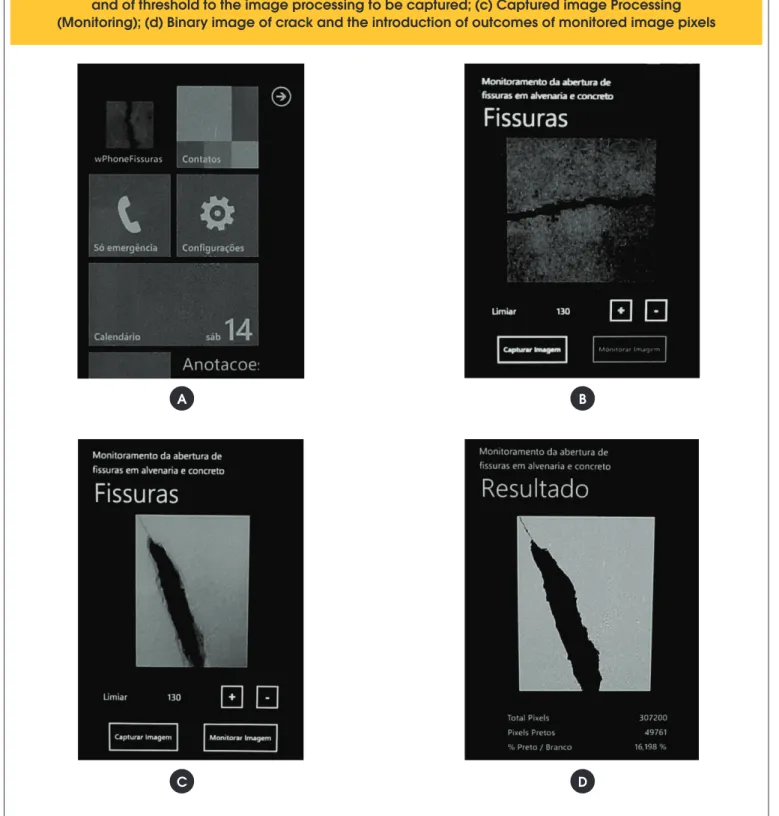 Figure 10 – Processing of an image in the mobile phone with Windows Phone System: (a) system  selection of image capture to be processed (wPhoneFissuras); (b) System selection (Home screen) 