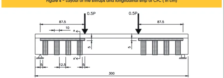Figure 4 – Layout of the stirrups and longitudinal strip of CFC ( in cm)