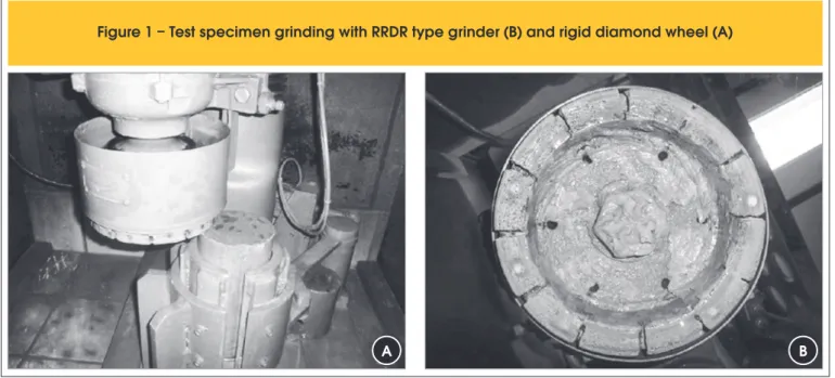 Figure 1 – Test specimen grinding with RRDR type grinder (B) and rigid diamond wheel (A)