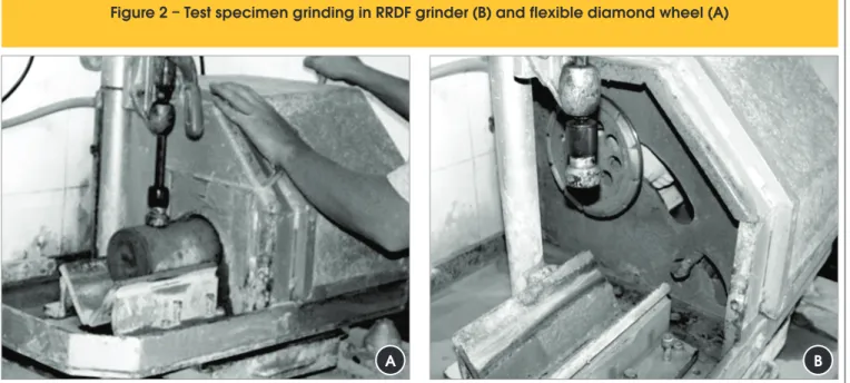 Figure 2 – Test specimen grinding in RRDF grinder (B) and flexible diamond wheel (A)