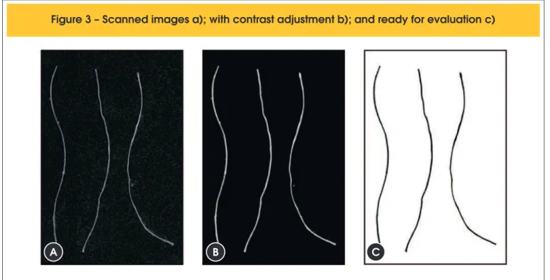 Figure 3 – Scanned images a); with contrast adjustment b); and ready for evaluation c)