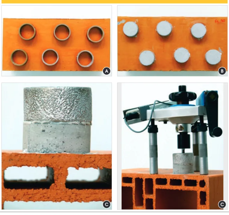 Figure 4 – Specimens used for the bond strength tests. (a) the individual specimens were moulded a  few centimetres apart from each other over the ceramic substrate allowing the cutting procedure to  be eliminated; it were cast using plastic ring moulds (5