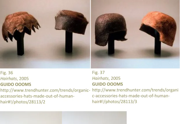 Fig. 37  Hairhats, 2005   GUIDO OOOMS  http://www.trendhunter.com/trends/organi  c-accessories-hats-made-out-of-human-hair#!/photos/28113/3 Fig