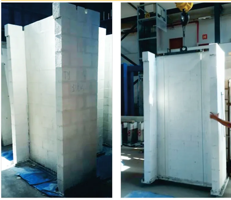 Figure 3 – Executed flanged wall and its transportation to the reaction portico by rolling bridge