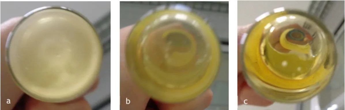 Figura 2 – Imagens mostrando o resíduo de fenitoína nas formulações Anidra 14 (a), Anidra 24 (b) e  Anidra 30 (c)