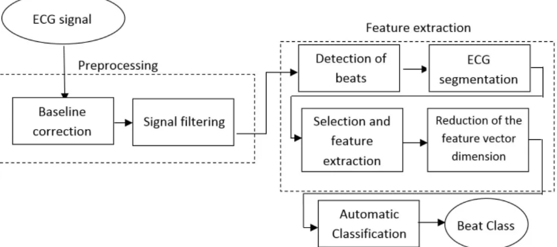 Figure 1. Block diagram of the developed system for heartbeat classiication, which included three main stages: preprocessing, feature  extraction and classiication.
