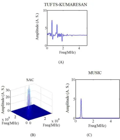 Figure 1. Example of application of methods, with simulated signal of center frequency of 3.5 MHz, sampling frequency of 25 MHz,  and signal window of 512 points