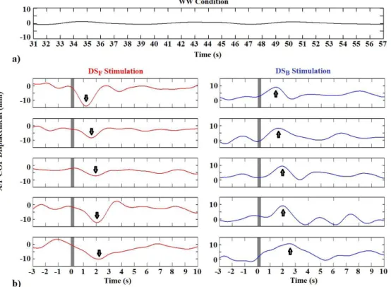 Figure 2 depicts the A/P COP displacement without  virtual stimulation (WW condition) and in response  to linear egomotion by applying DS F  (red) and DS B