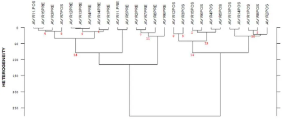 Figure 3. The dendrogram indicates the difference between the saliva samples collected pre and post physical effort in region 1490-1420 cm -1 