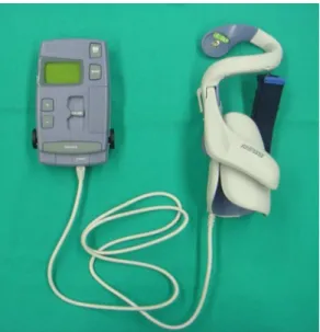Figure 1. Handness   System. Right: the manually adjustable handle  with ive built-in electrodes to activate the index inger and thumb
