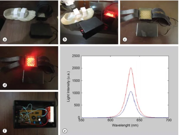 Figure 2. The physical implementation of the light-emitting circuit. (a) The insole and the matrix side by side; (b) The insole, the battery  charging power supply and the LED matrix, with the LEDs on; (c) Constructive details of the circuit; (d) Same as i