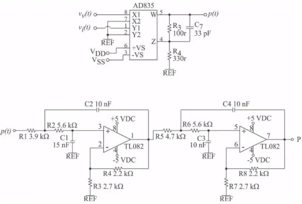 Figure 4. Top: schematics of the analog multiplier circuit using the AD835 CI; Bottom: schematics of the analog integrator