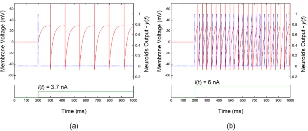 Figure 2. The iring pattern of the Neuroid (Δt = 10 -4  ms) and the benchmark solution (the LIF model solved by the fourth order Runge-Kutta method  with Δ t = 10 -4  ms) for two different stimulation amplitudes: 3.7 nA (threshold intensity) and 6 nA. (a) 