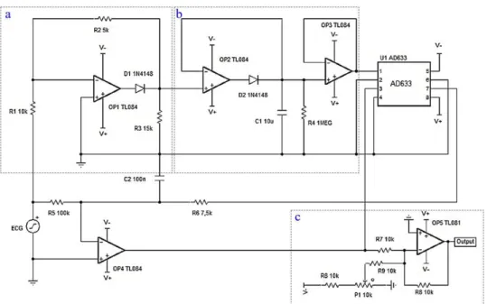 Figure 2. Diagram of electronic circuit to adjust the ECG amplitude to an ADC full-scale input range