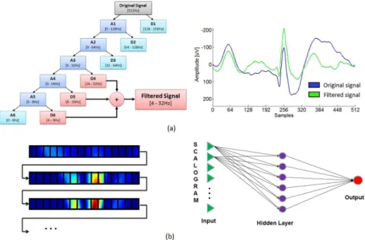 Figure 3. Block diagram of both wavelet-based methodologies: (a) Wavelet multiresolution analysis (MRA) and denoising method; (b) wavelet  dyadic scalogram and artiicial neural network.