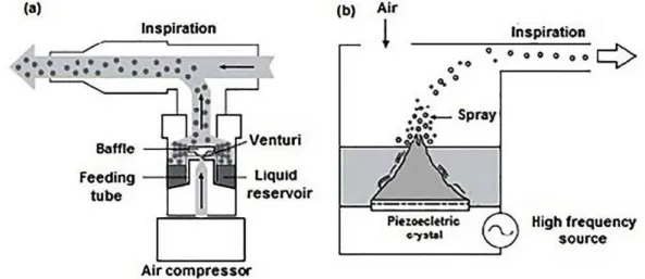 Figure 1. Schematic illustration of a typical (a) jet nebulizer; (b) ultrasonic nebulizer (adapted from O’Callaghan and Barry (1997)).