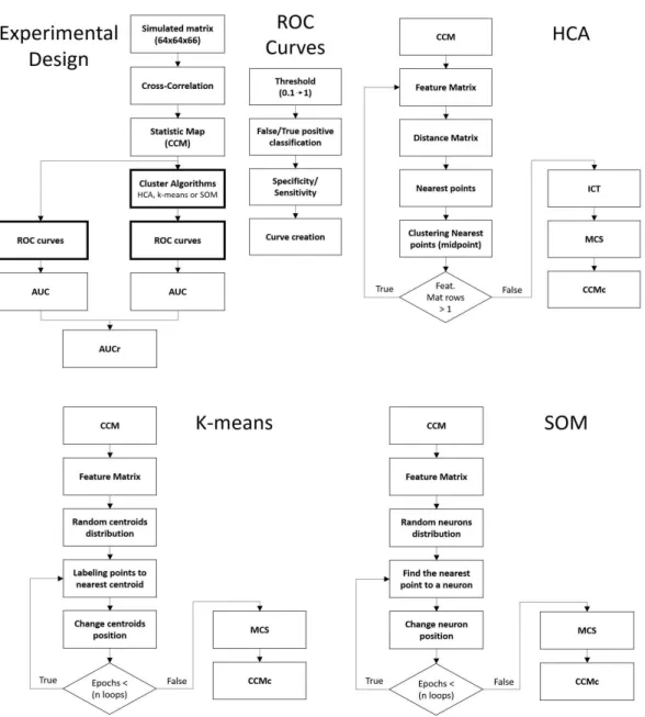 Figure 3. Experimental design lowchart. The highlight text boxes (Cluster Algorithms and ROC curves) are detailed on the right side and bottom.