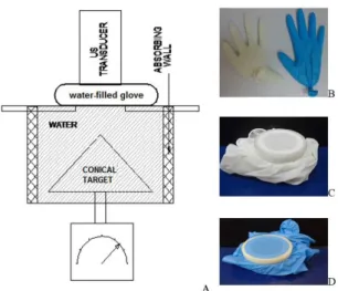 Figure 1. (A) Experimental setup; (B) Latex and nitrile gloves illed  with water. PVC ring illed with water and covered with (C) latex and  (D) nitrile gloves.